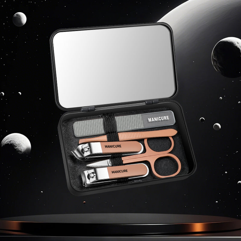 Black five-piece stainless-steel nail grooming kit with mirror travel case